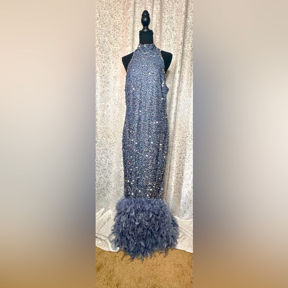 Dresses & Skirts - NWT Blue sequined dress with feather trim